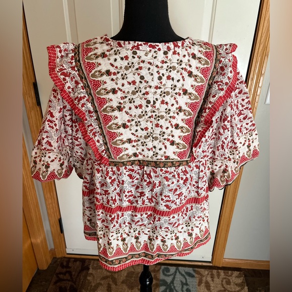 New women’s Calypso St Barth cotton quilt milkmaid boho flowy ruffle top. Large - Picture 4 of 16